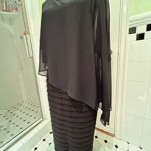 Slimming Black Adrianna Papell cocktail dress with elegant chiffon overlay